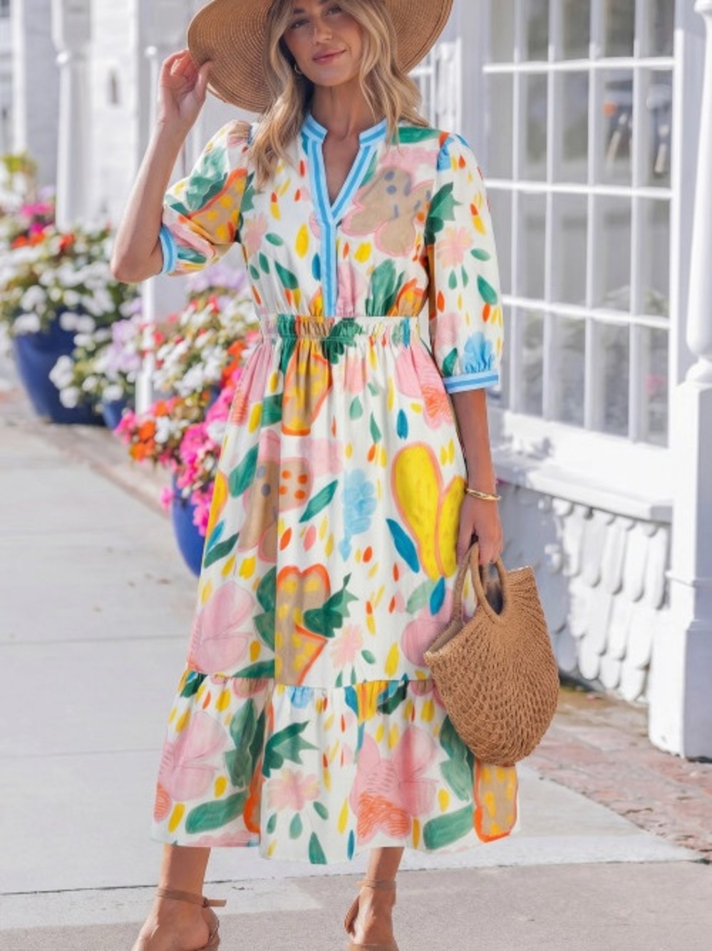 Bright Floral Watercolor Midi Dress in Multicolor